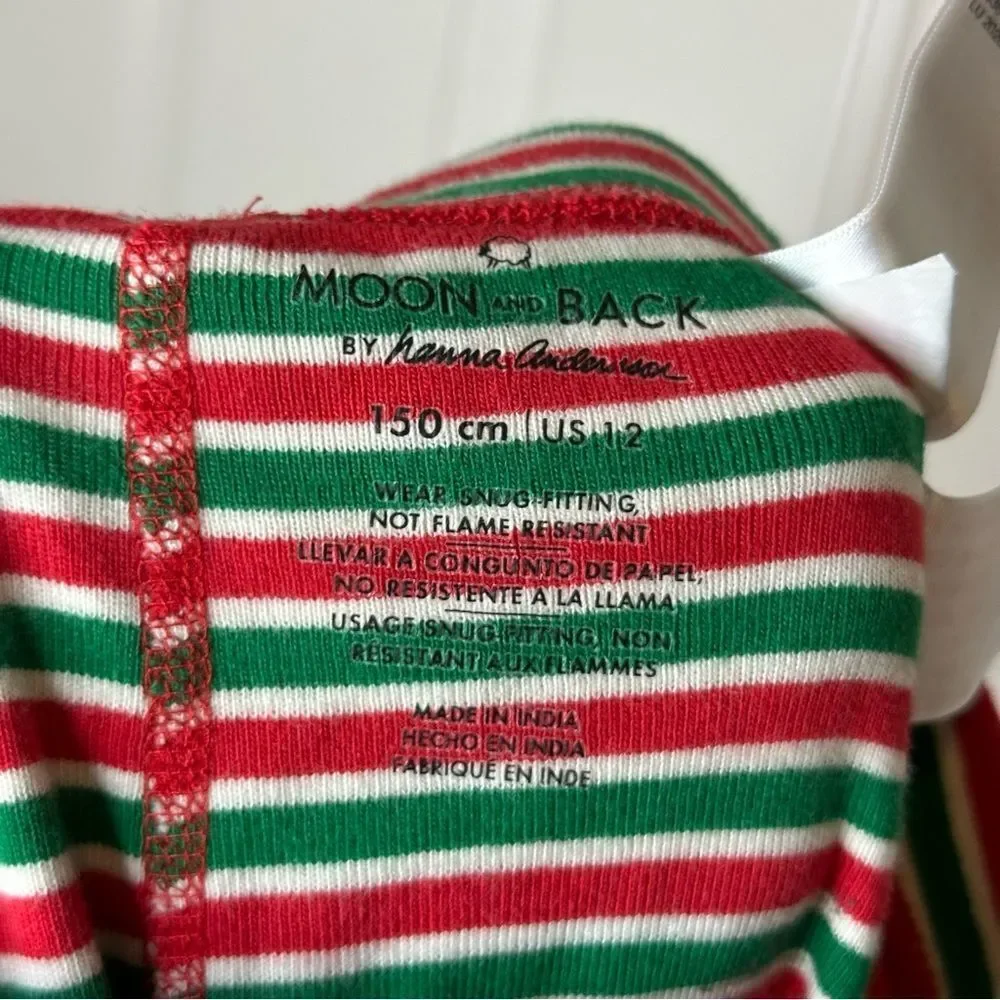 Hanna Andersson Moon & Back Holiday Green Red Striped Long John PJ Set Sz 12